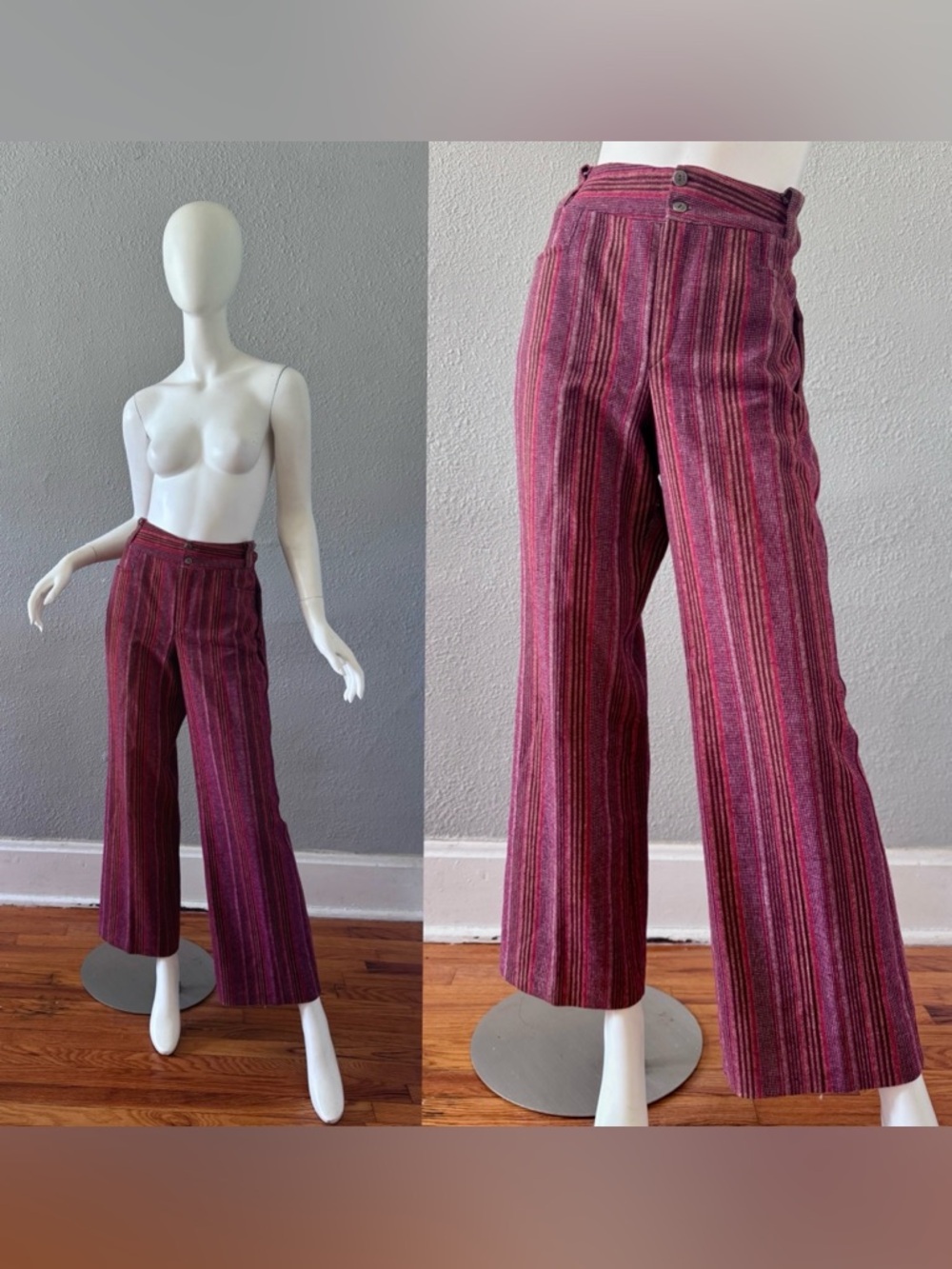 Vintage 70s Burgundy Retro Hippie Trousers Pants L/XL